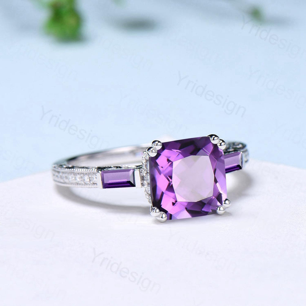 Hidden Halo princess amethyst engagement ring Unique asscher cut purple gemstone ring 3 stone baguette February birthstone anniversary ring - PENFINE