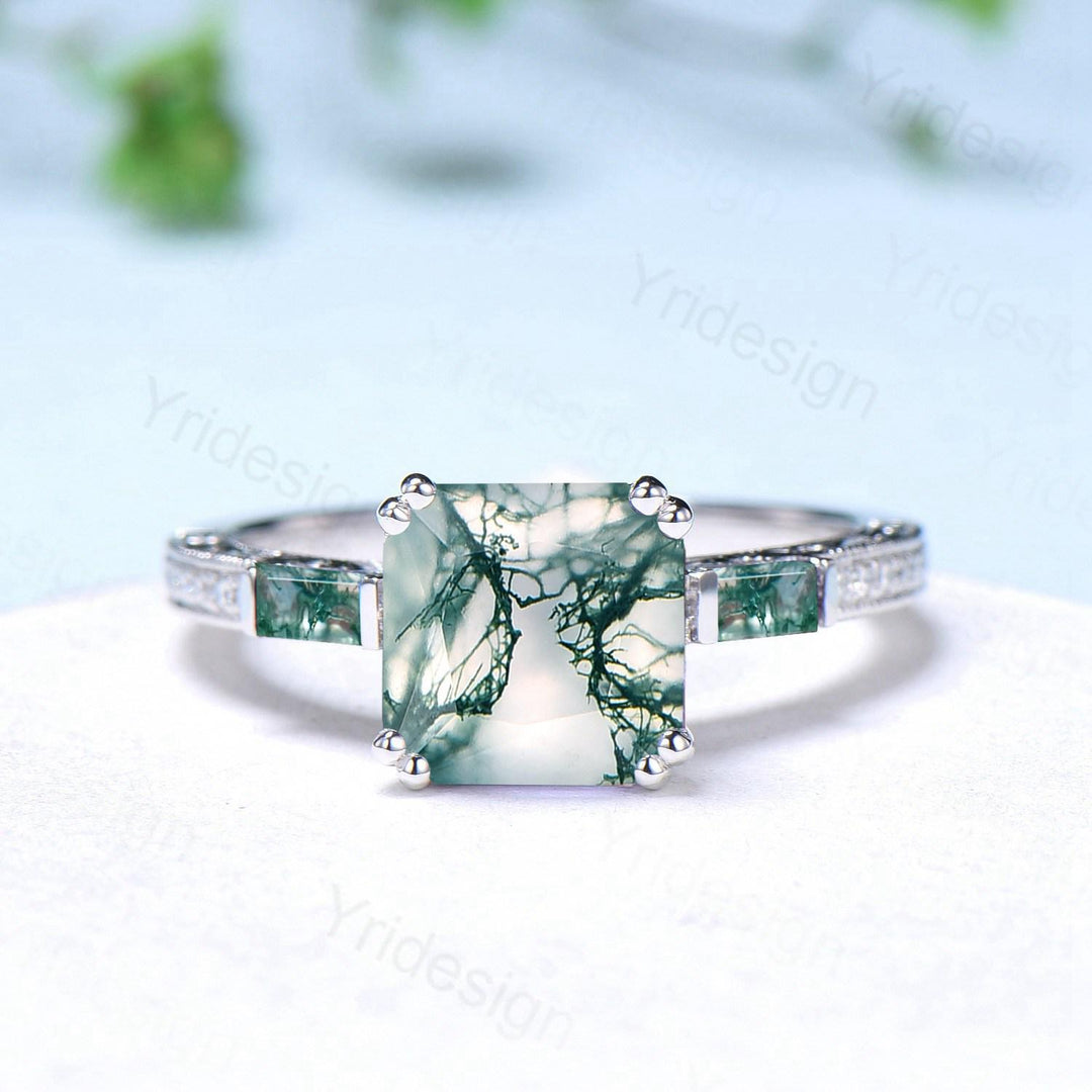 Hidden halo asscher cut moss agate engagement ring Princess green moss agate basket setting wedding ring pave set diamonds anniversary ring - PENFINE