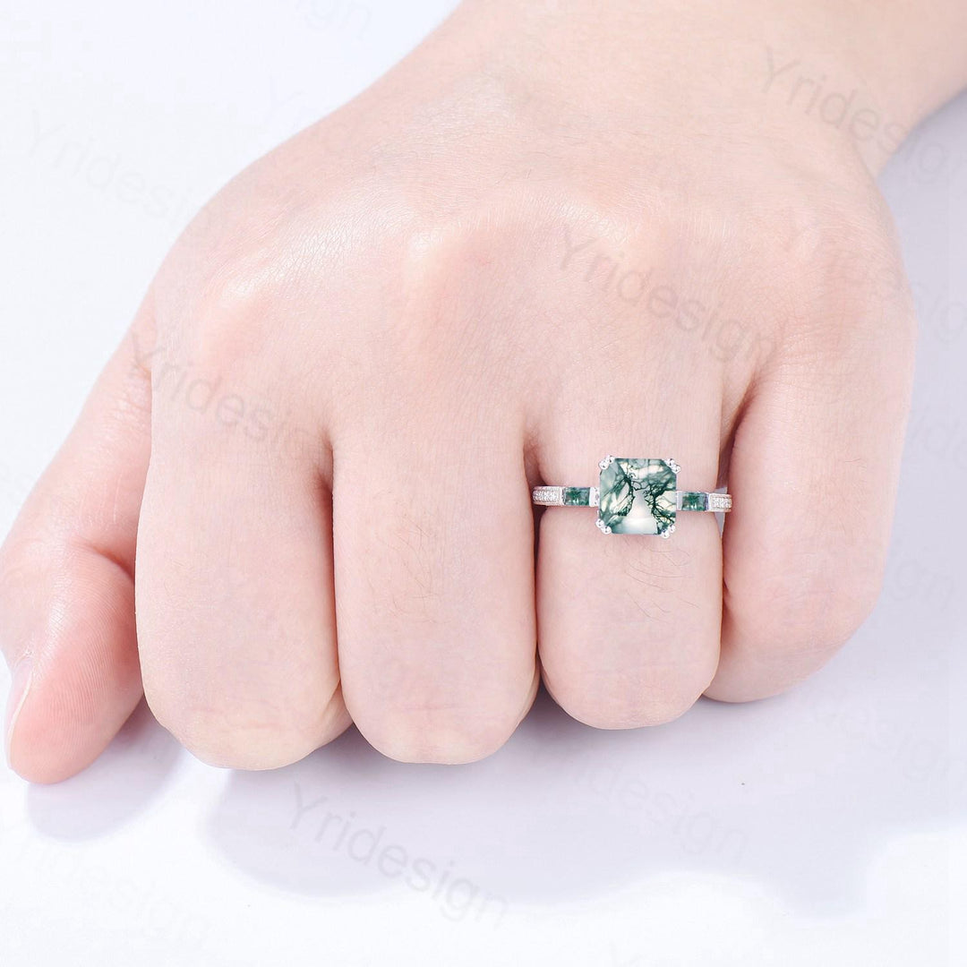 Hidden halo asscher cut moss agate engagement ring Princess green moss agate basket setting wedding ring pave set diamonds anniversary ring - PENFINE