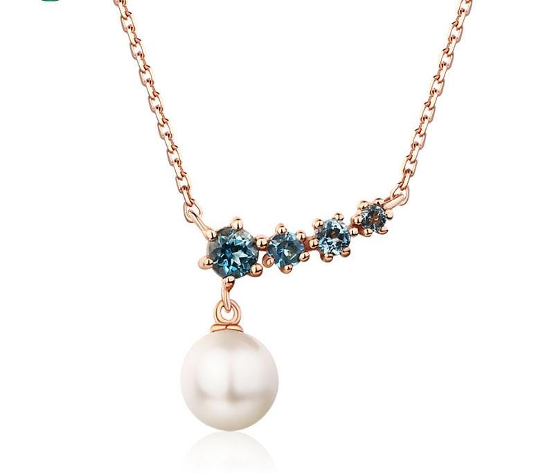 Elegant pearl pendant necklace five stone dainty pendant 9k/14k/18k rose  gold art deco London blue topaz pendant necklace Anniversary gift - PENFINE