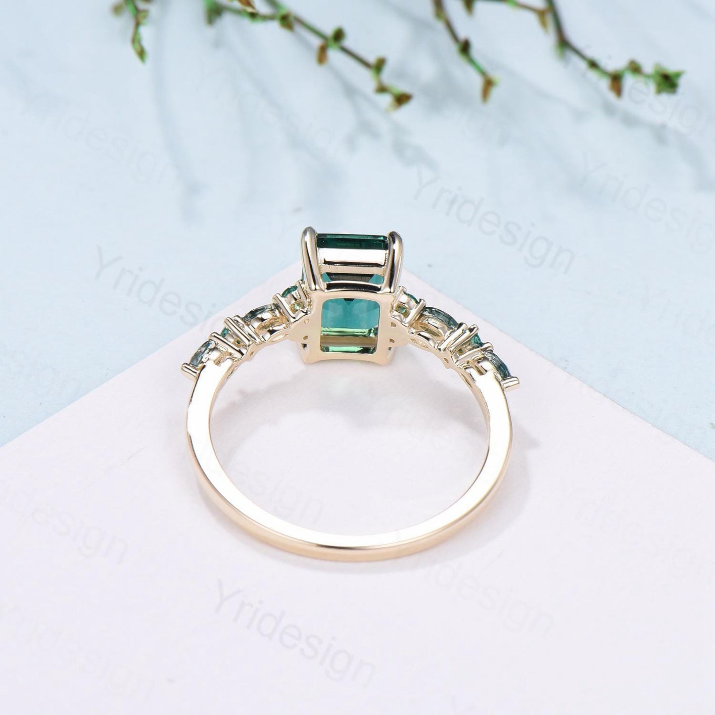 Vintage Emerald Cut Green Sapphire Engagement Ring 14K Yellow Gold Unique Marquise Moss Agate Emerald Wedding Ring Promise Anniversary Gifts - PENFINE