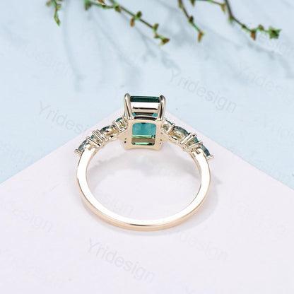 Vintage Emerald Cut Green Sapphire Engagement Ring 14K Yellow Gold Unique Marquise Moss Agate Emerald Wedding Ring Promise Anniversary Gifts - PENFINE