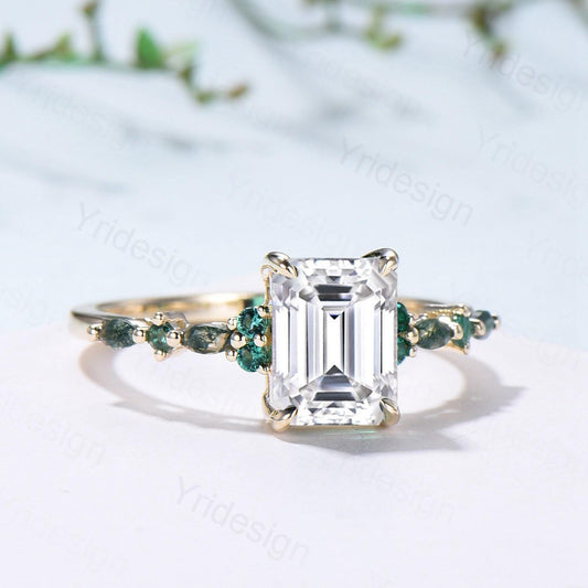 Vintage Emerald Cut Moissanite Engagement Ring Unique Marquise Moss Agate Moissanite Wedding Ring Art Deco Minimalsit Anniversary Ring Gift - PENFINE