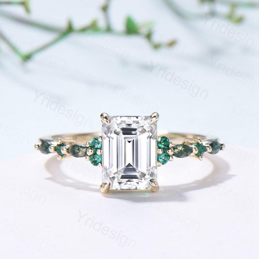 Vintage Emerald Cut Moissanite Engagement Ring Unique Marquise Moss Agate Moissanite Wedding Ring Art Deco Minimalsit Anniversary Ring Gift - PENFINE
