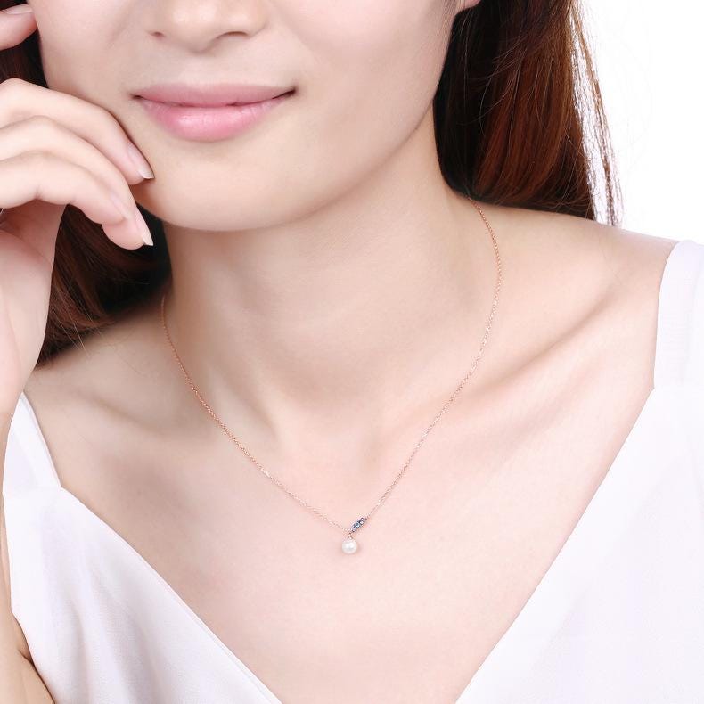 Dainty pearl pendant necklace Minimalist pendant 9k/14k/18k rose  gold art deco London blue topaz pendant necklace Anniversary gift for mom - PENFINE
