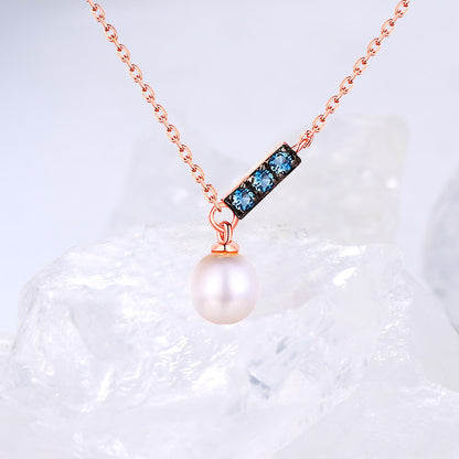 Dainty pearl pendant necklace Minimalist pendant 9k/14k/18k rose  gold art deco London blue topaz pendant necklace Anniversary gift for mom - PENFINE