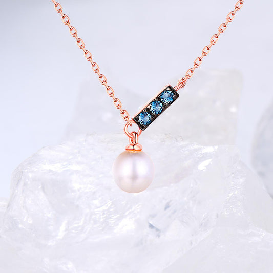 Dainty pearl pendant necklace Minimalist pendant 9k/14k/18k rose  gold art deco London blue topaz pendant necklace Anniversary gift for mom - PENFINE