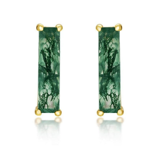 Minimalist baguette cut moss agate wedding set solitaire yellow gold moss agate pendant necklace rose gold agate earrings anniversary gifts - PENFINE
