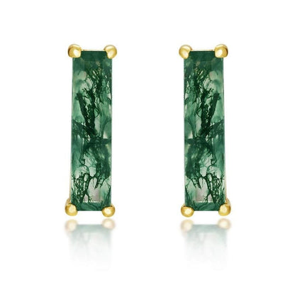 Minimalist baguette cut moss agate wedding set solitaire yellow gold moss agate pendant necklace rose gold agate earrings anniversary gifts - PENFINE