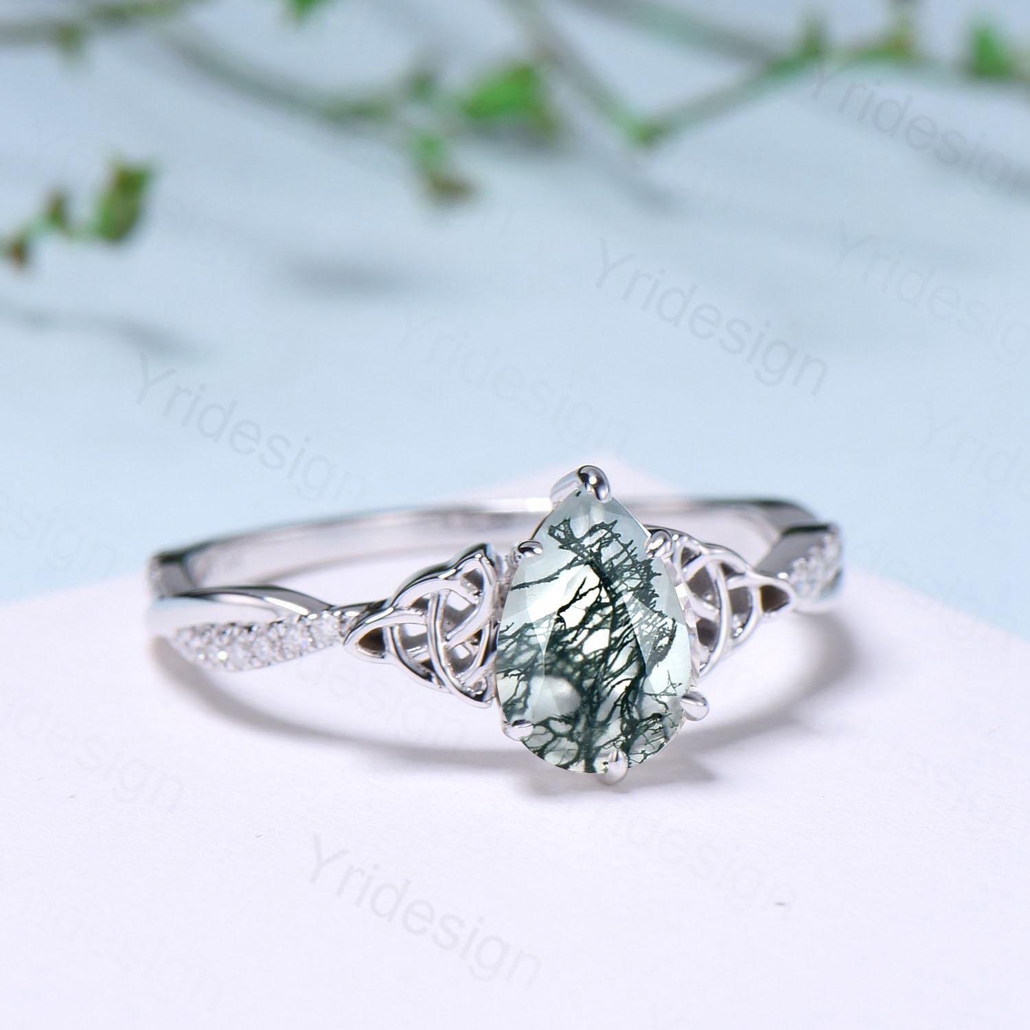 Norse Viking Pear Shaped Moss Agate Engagement Ring For Women Unique Celtic infinity moissanite wedding ring spilt shank anniversary gifts - PENFINE