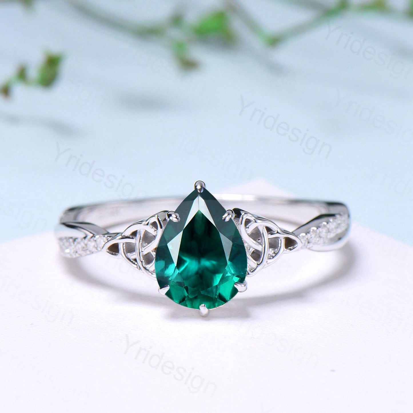 Celtic Knot Pear Shaped Emerald Engagement Ring For Women Unique Norse Viking infinity Moissanite Wedding Ring Spilt Shank Anniversary gifts - PENFINE