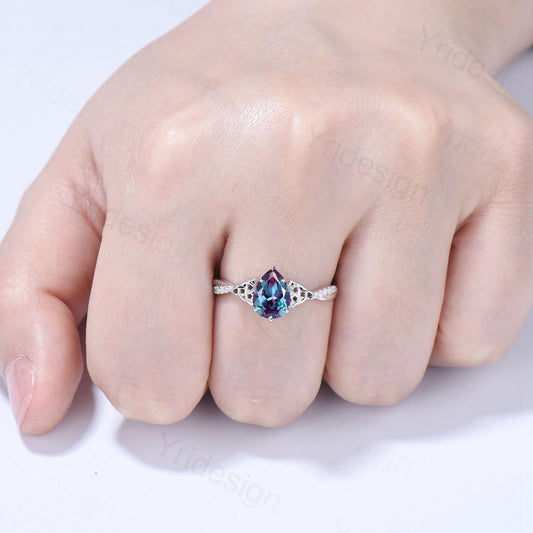 Celtic Knot Pear Shaped Alexandrite Engagement Ring Unique Norse Viking infinity Color Change Wedding Ring Spilt Shank Anniversary gifts - PENFINE
