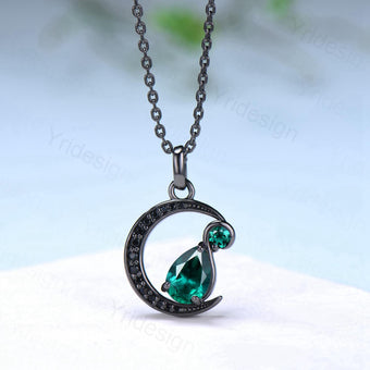 Magic Crescent Moon Black Gold Emerald Necklace Gothic Pendant Necklace Unique Pear Shaped Emerald Black Spinel Necklace Anniversary Gift - PENFINE