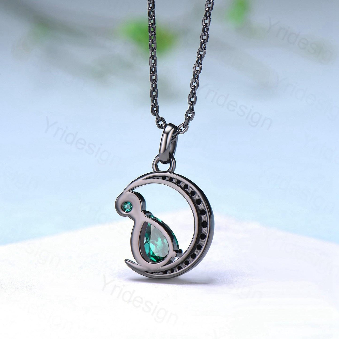 Magic Crescent Moon Black Gold Emerald Necklace Gothic Pendant Necklace Unique Pear Shaped Emerald Black Spinel Necklace Anniversary Gift - PENFINE