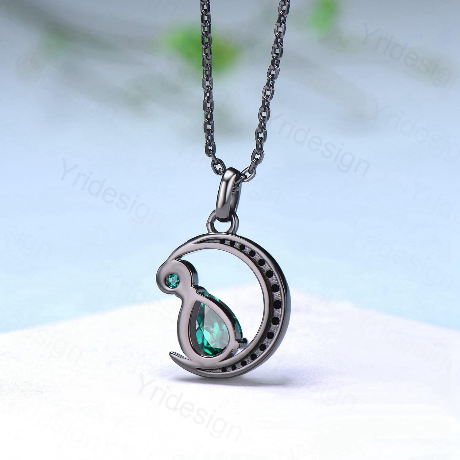 Magic Crescent Moon Black Gold Emerald Necklace Gothic Pendant Necklace Unique Pear Shaped Emerald Black Spinel Necklace Anniversary Gift - PENFINE