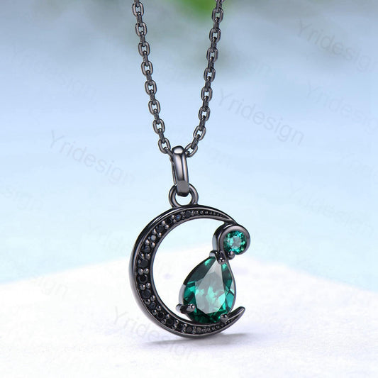 Magic Crescent Moon Black Gold Emerald Necklace Gothic Pendant Necklace Unique Pear Shaped Emerald Black Spinel Necklace Anniversary Gift - PENFINE