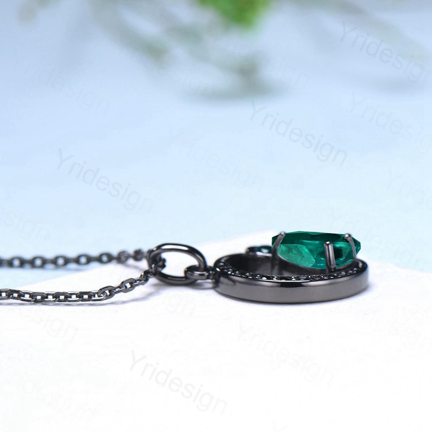 Magic Crescent Moon Black Gold Emerald Necklace Gothic Pendant Necklace Unique Pear Shaped Emerald Black Spinel Necklace Anniversary Gift - PENFINE