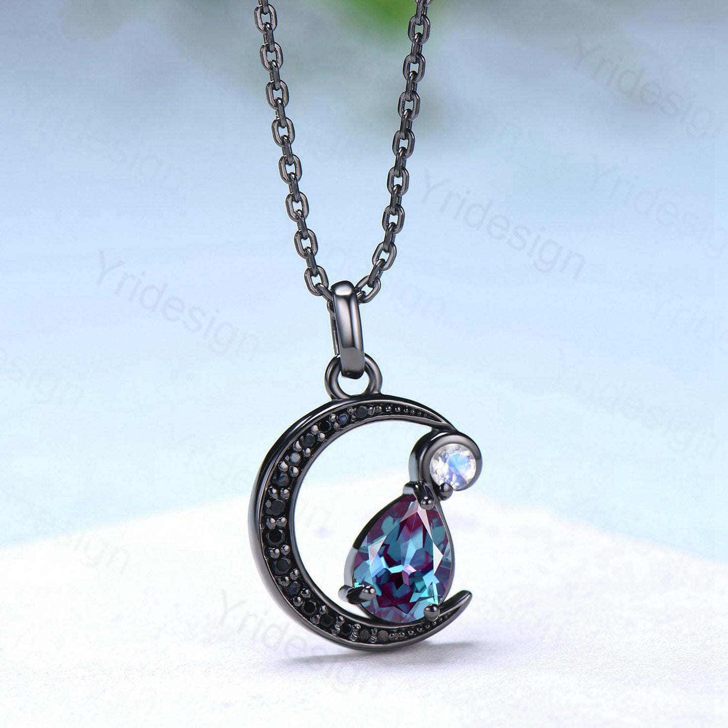 Magic Crescent Moon Black Gold Teardrop Alexandrite Necklace Gothic Pendant Necklace June Birthstone Black Spinel Necklace Anniversary Gift - PENFINE