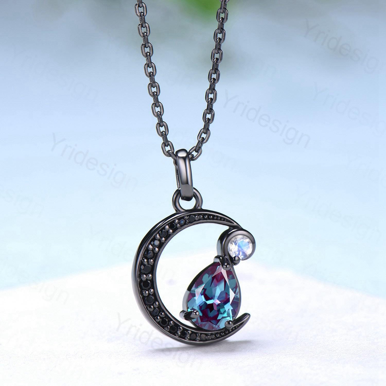 Magic Crescent Moon Black Gold Teardrop Alexandrite Necklace Gothic Pendant Necklace June Birthstone Black Spinel Necklace Anniversary Gift - PENFINE