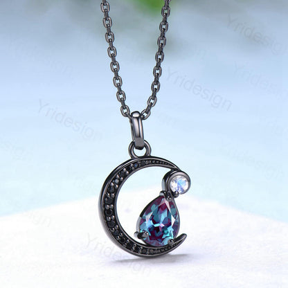 Magic Crescent Moon Black Gold Teardrop Alexandrite Necklace Gothic Pendant Necklace June Birthstone Black Spinel Necklace Anniversary Gift - PENFINE