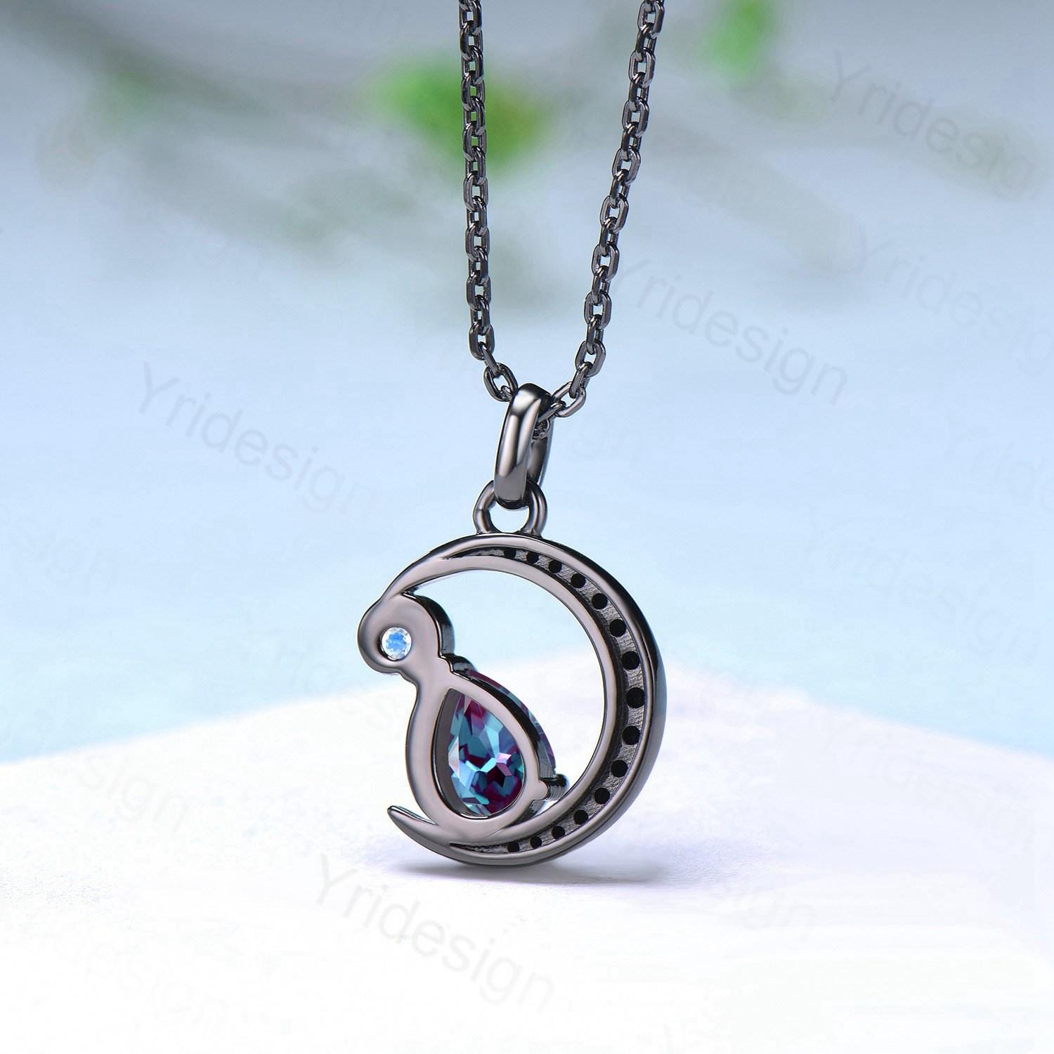 Magic Crescent Moon Black Gold Teardrop Alexandrite Necklace Gothic Pendant Necklace June Birthstone Black Spinel Necklace Anniversary Gift - PENFINE