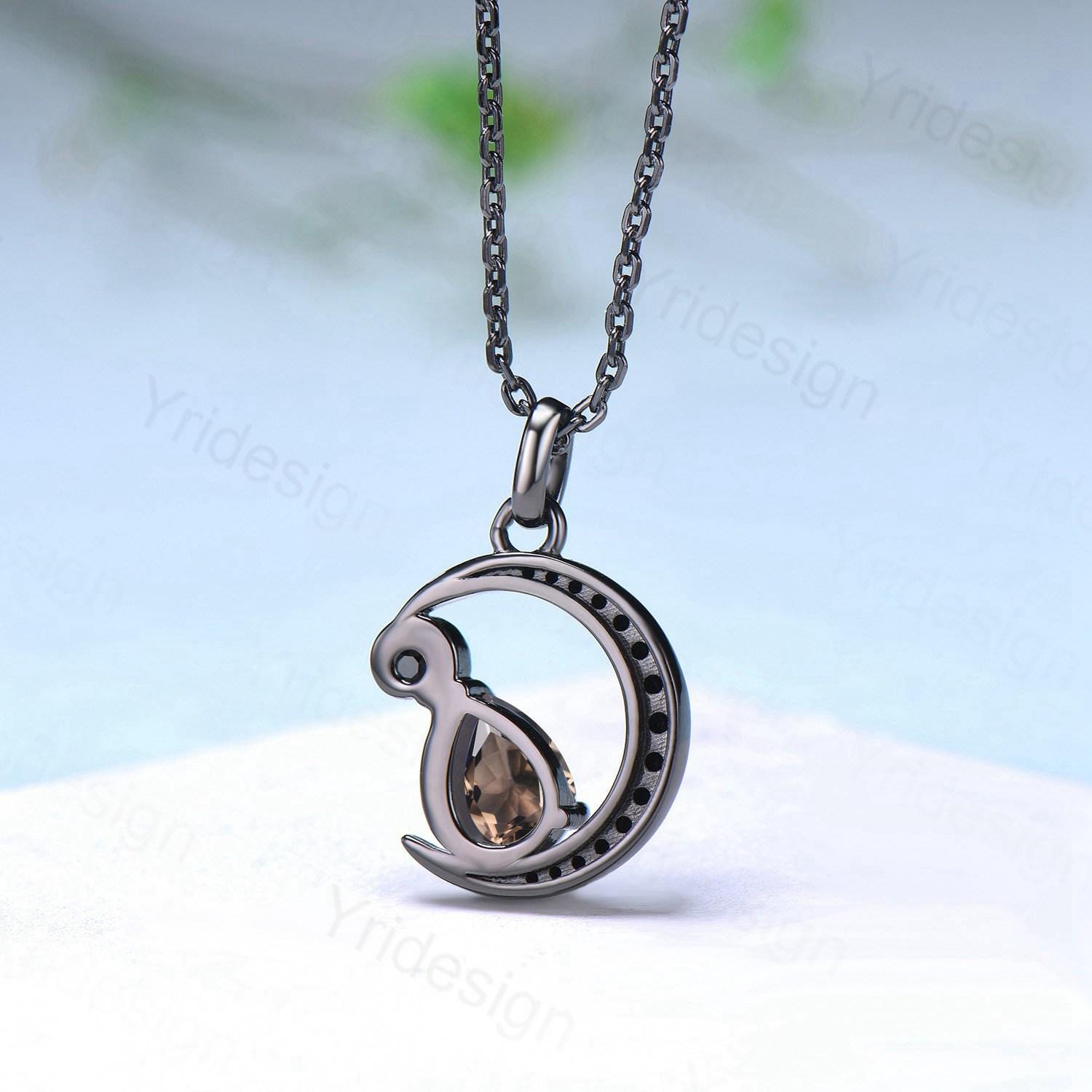 Unique Crescent Moon Black Gold Brown Smoky Quartz Necklace Gothic Pendant Necklace Magic Pear Shaped Black Spinel Necklace Anniversary Gift - PENFINE