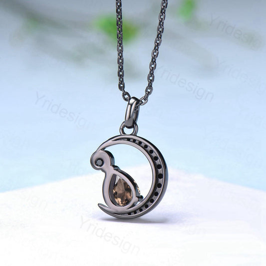 Unique Crescent Moon Black Gold Brown Smoky Quartz Necklace Gothic Pendant Necklace Magic Pear Shaped Black Spinel Necklace Anniversary Gift - PENFINE