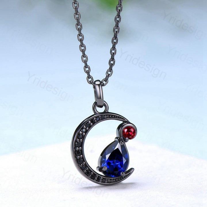 Unique Magic Crescent Moon Black Gold Pear Shaped Sapphire Ruby Necklace Gothic Pendant Necklace Black Spinel Necklace Her Anniversary Gift - PENFINE