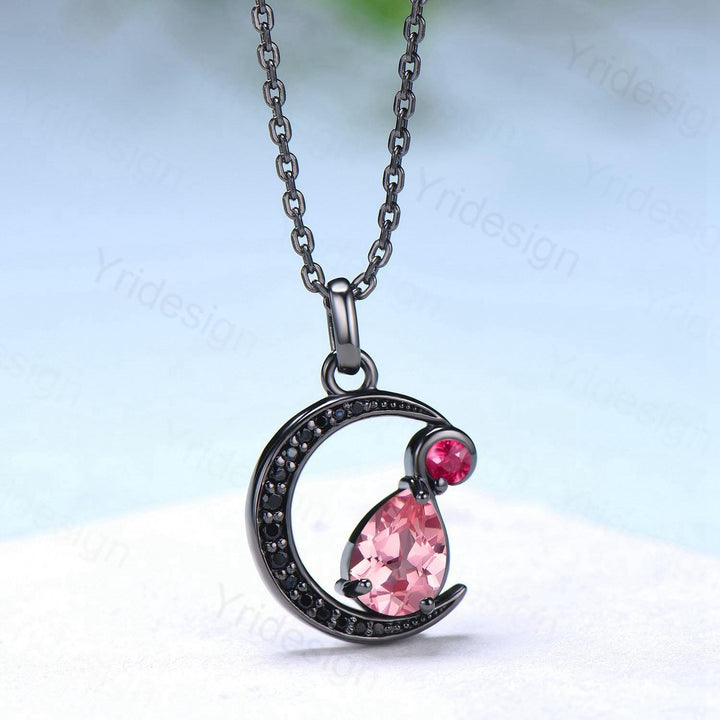 Unique Black Gold Papalacha Sapphire Necklace Gothic Pink Sapphire Pendant Necklace Crescent Moon Black Spinel Necklace Anniversary Gift - PENFINE