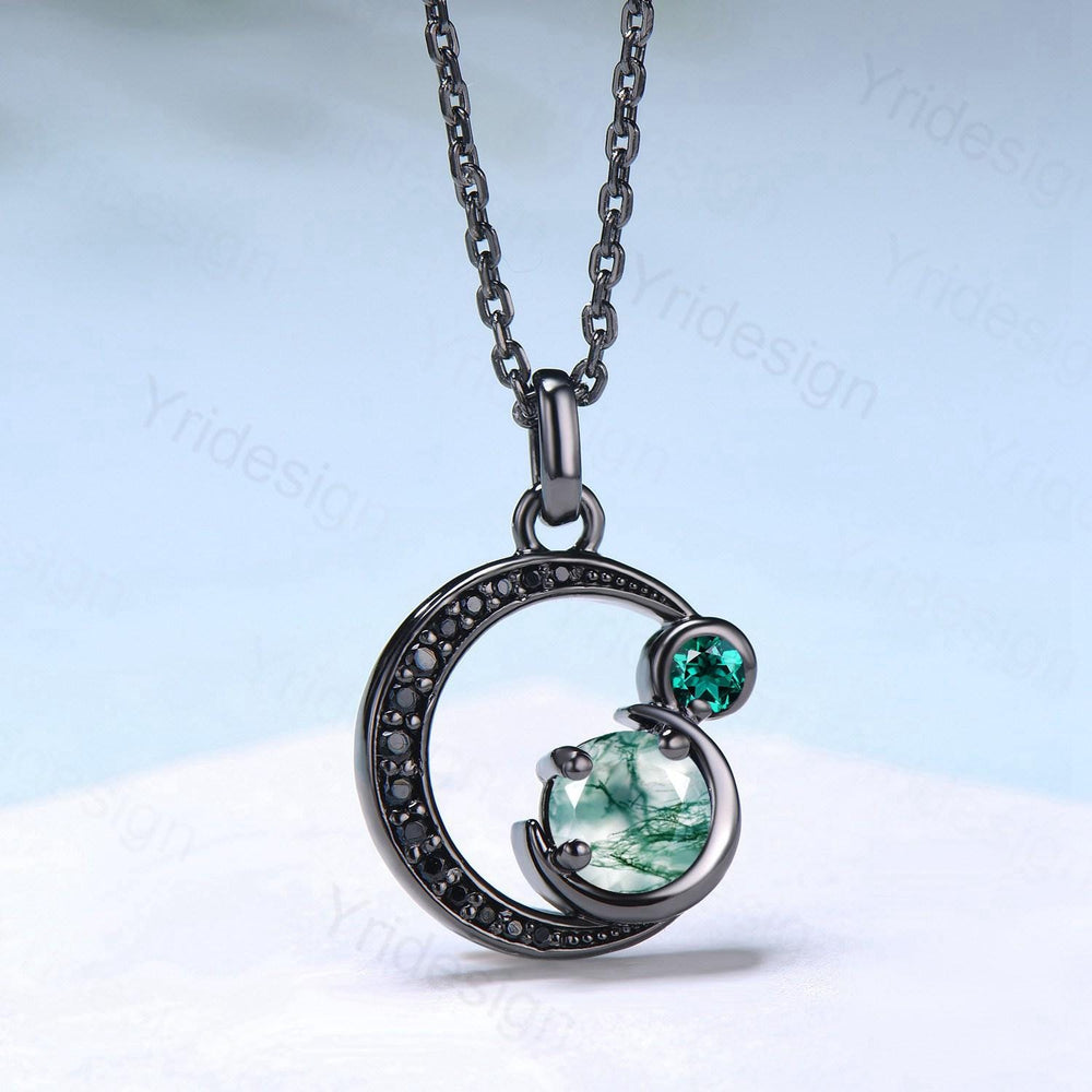 Unique Black Gold Green Moss Agate Necklace Magic Crescent Moon Dainty Agate Pendant Necklace Halloween Gothic Anniversary Gift for Daughter - PENFINE