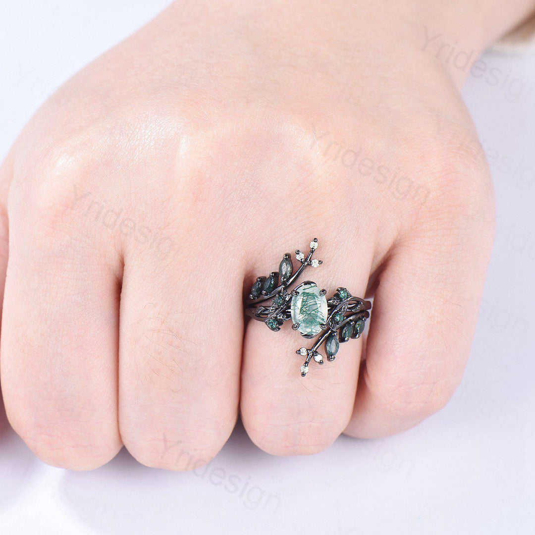 Nature Inspired oval green moss agate ring set black gold unique leaf vine marquise cut gothic agate engagement ring bridal wedding ring set - PENFINE