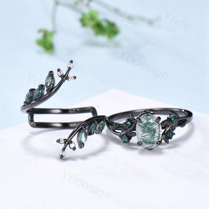 Nature Inspired oval green moss agate ring set black gold unique leaf vine marquise cut gothic agate engagement ring bridal wedding ring set - PENFINE