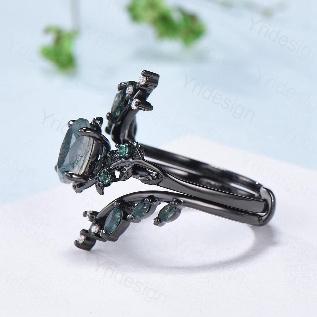 Nature Inspired oval green moss agate ring set black gold unique leaf vine marquise cut gothic agate engagement ring bridal wedding ring set - PENFINE