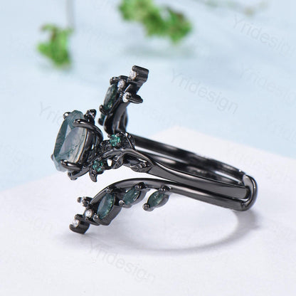 Nature Inspired oval green moss agate ring set black gold unique leaf vine marquise cut gothic agate engagement ring bridal wedding ring set - PENFINE