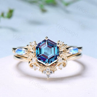 Nature inspired hexagon alexandrite engagement ring set 14k yellow gold unique leaf vine June birthstone wedding ring set Anniversary Gifts - PENFINE