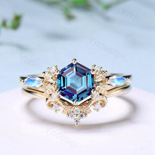 Nature inspired hexagon alexandrite engagement ring set 14k yellow gold unique leaf vine June birthstone wedding ring set Anniversary Gifts - PENFINE