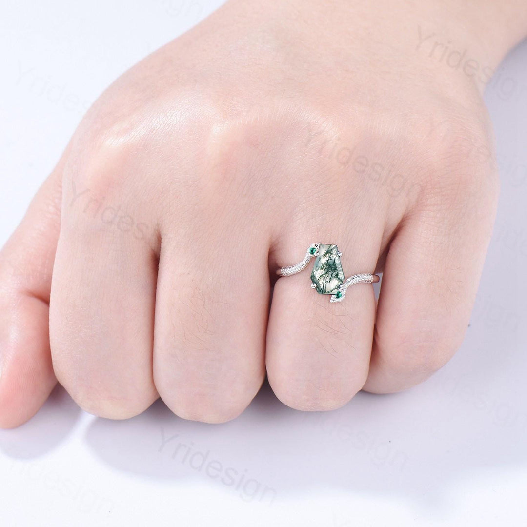 Unique Snake green moss agate engagement ring cold-blooded coffin shaped green stone three stone wedding ring women anniversary promise gift - PENFINE