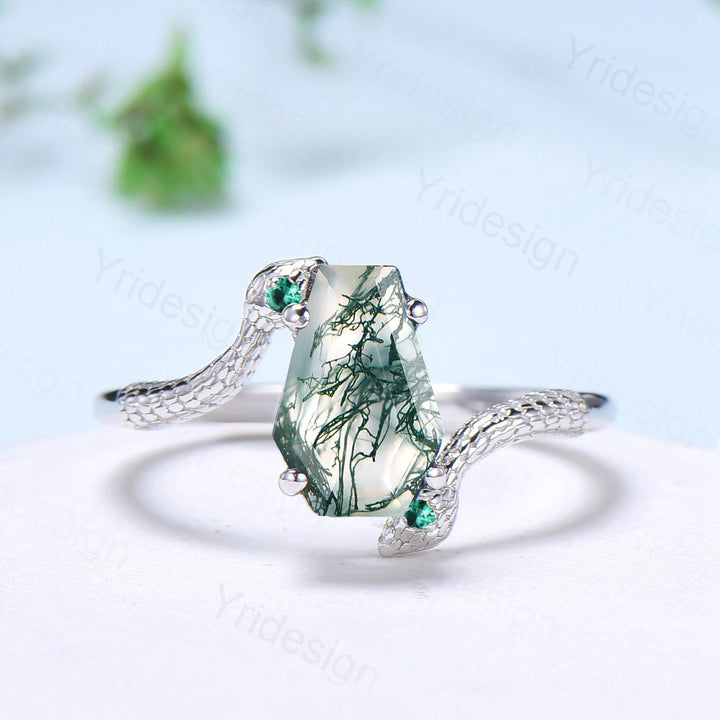 Unique Snake green moss agate engagement ring cold-blooded coffin shaped green stone three stone wedding ring women anniversary promise gift - PENFINE