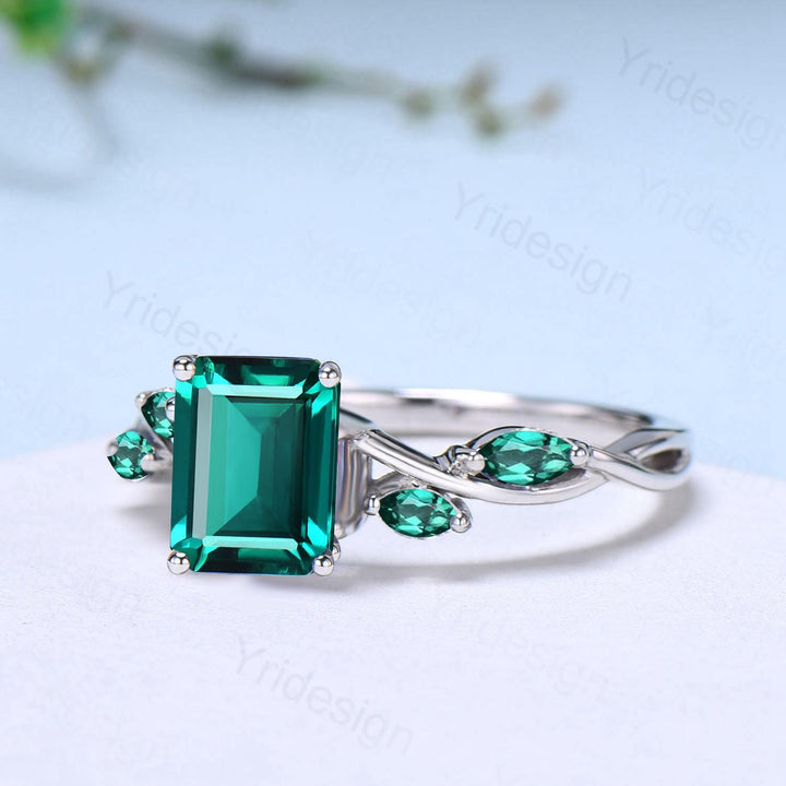 Unique Emerald Cut Emerald Engagement Ring Five Stone Marquise Emerald Eternity Wedding Ring For Women Split Shank Promise Ring Gift Women - PENFINE