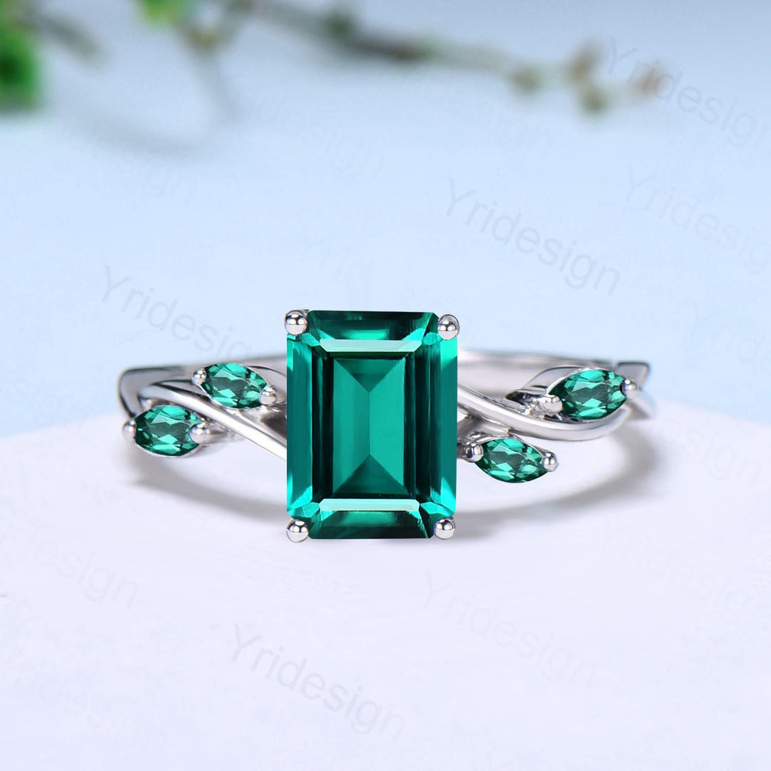 Unique Emerald Cut Emerald Engagement Ring Five Stone Marquise Emerald Eternity Wedding Ring For Women Split Shank Promise Ring Gift Women - PENFINE