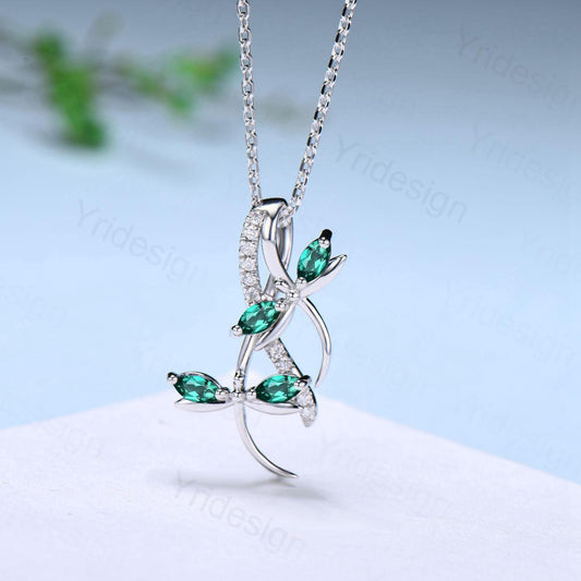 Nature Inspired Emerald Necklace Unique Marquise Emerald Dragonfly Accompany Necklace Pendant Necklace May Birthstone Anniversary Gift Women - PENFINE