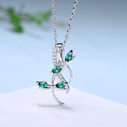 Nature Inspired Emerald Necklace Unique Marquise Emerald Dragonfly Accompany Necklace Pendant Necklace May Birthstone Anniversary Gift Women - PENFINE