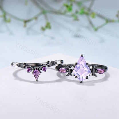 Unique Black gold kite cut lavender amethyst ring Unique crescent moon star purple engagement ring delicate amethyst 2pcs bridal wedding set - PENFINE