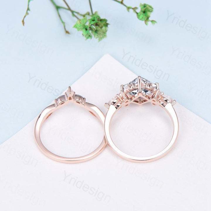 Vintage 2CT Princess Cut Moissanite Engagement Ring Cluster Moissanite Diamond Wedding Ring Set 2pcs Bridal Ring 14K Rose Gold Bridal Set - PENFINE