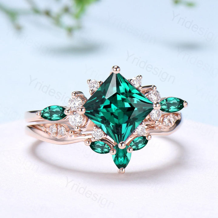 Vintage 2CT Princess Cut Emerald Engagement Ring Cluster Marquise Green Gemstone Wedding Ring Set 2pcs Bridal Anniversary Ring 14K Rose Gold - PENFINE