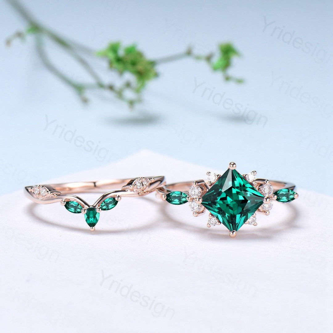 Vintage 2CT Princess Cut Emerald Engagement Ring Cluster Marquise Green Gemstone Wedding Ring Set 2pcs Bridal Anniversary Ring 14K Rose Gold - PENFINE