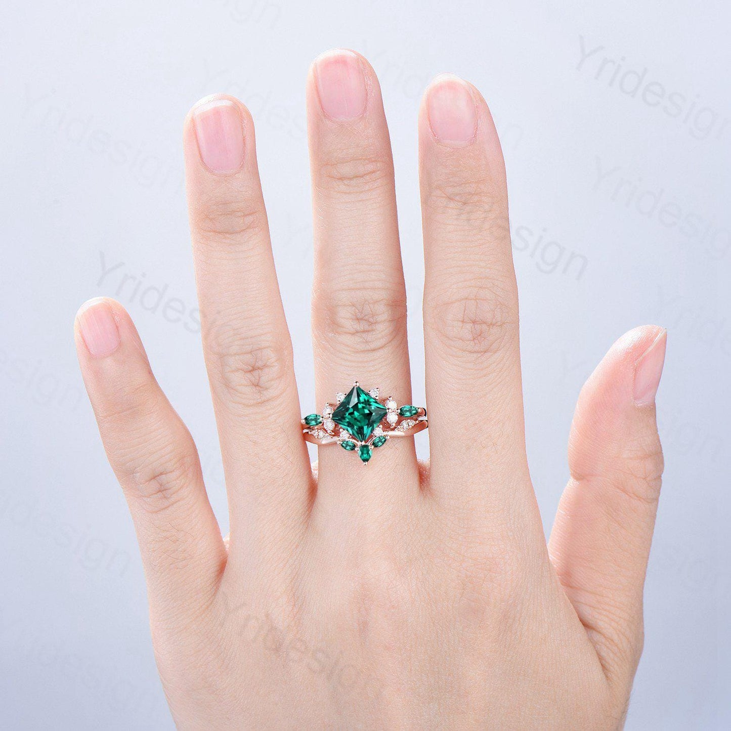 Vintage 2CT Princess Cut Emerald Engagement Ring Cluster Marquise Green Gemstone Wedding Ring Set 2pcs Bridal Anniversary Ring 14K Rose Gold - PENFINE