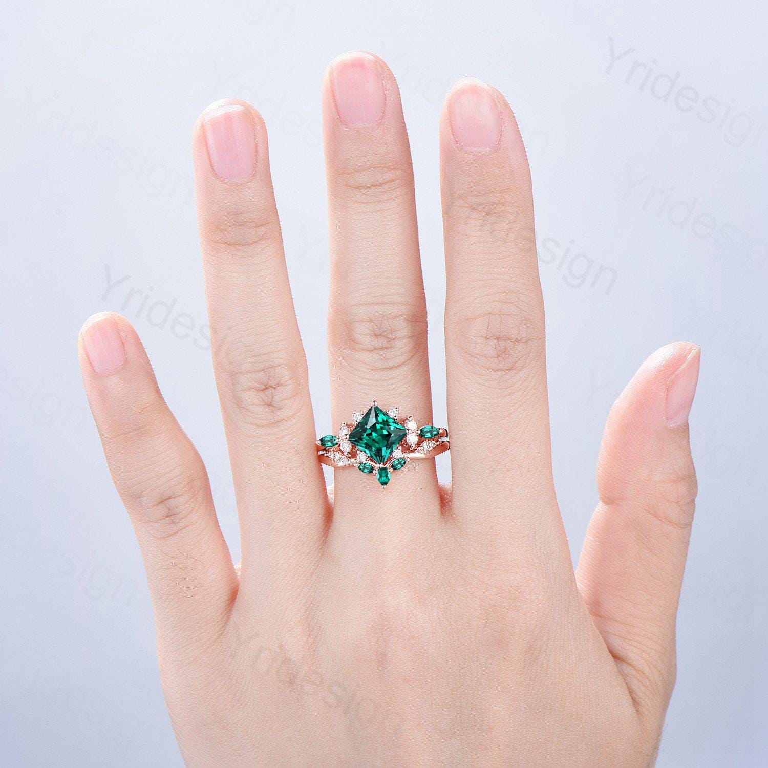 Vintage 2CT Princess Cut Emerald Engagement Ring Cluster Marquise Green Gemstone Wedding Ring Set 2pcs Bridal Anniversary Ring 14K Rose Gold - PENFINE