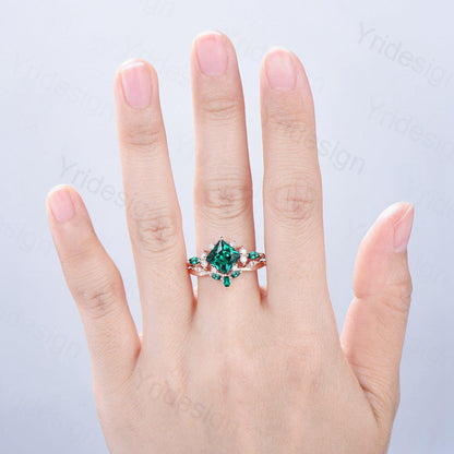 Vintage 2CT Princess Cut Emerald Engagement Ring Cluster Marquise Green Gemstone Wedding Ring Set 2pcs Bridal Anniversary Ring 14K Rose Gold - PENFINE