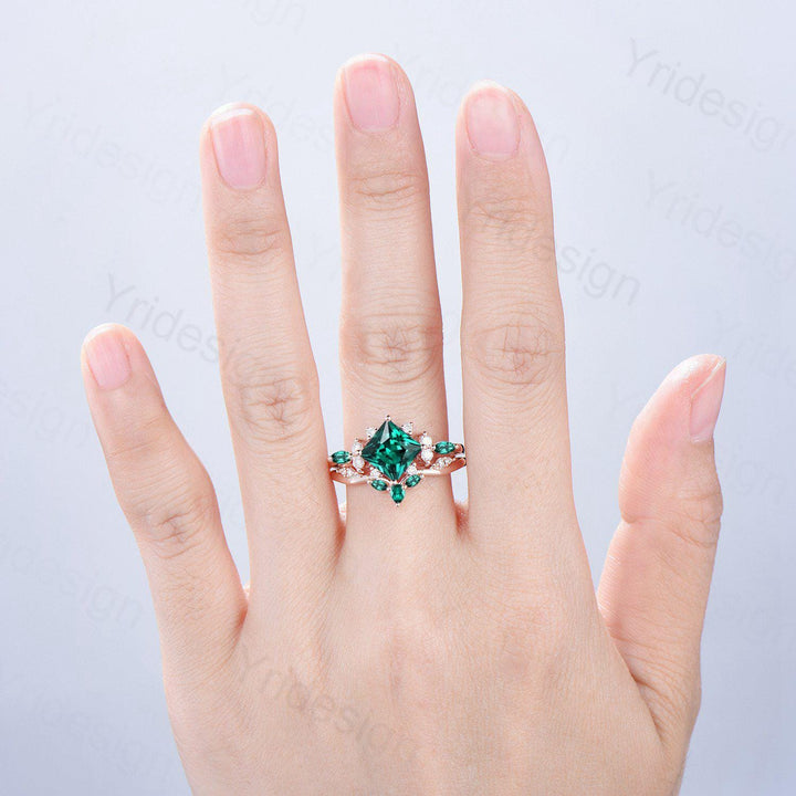 Vintage 2CT Princess Cut Emerald Engagement Ring Cluster Marquise Green Gemstone Wedding Ring Set 2pcs Bridal Anniversary Ring 14K Rose Gold - PENFINE